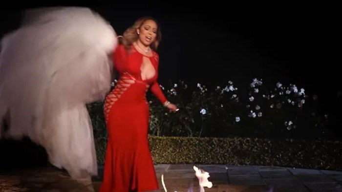 Mariah carey wedding dress burn music video packer james burns her glamour bowling heels party